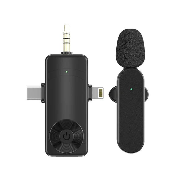 3 In 1 Wireless Lavalier Microphone with plug and play features, designed for iPhone and Android devices.
