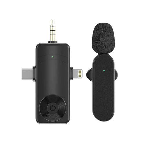 3 In 1 Wireless Lavalier Microphone with plug and play features, designed for iPhone and Android devices.