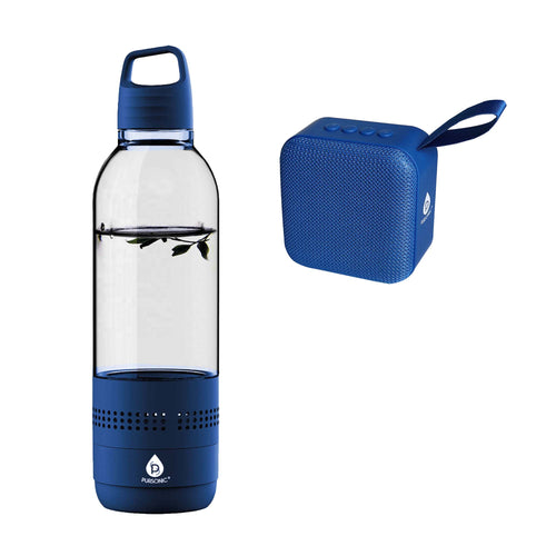 Pursonic Wireless Hydration Sound Bundle featuring a water bottle speaker and portable 360° speaker in blue.